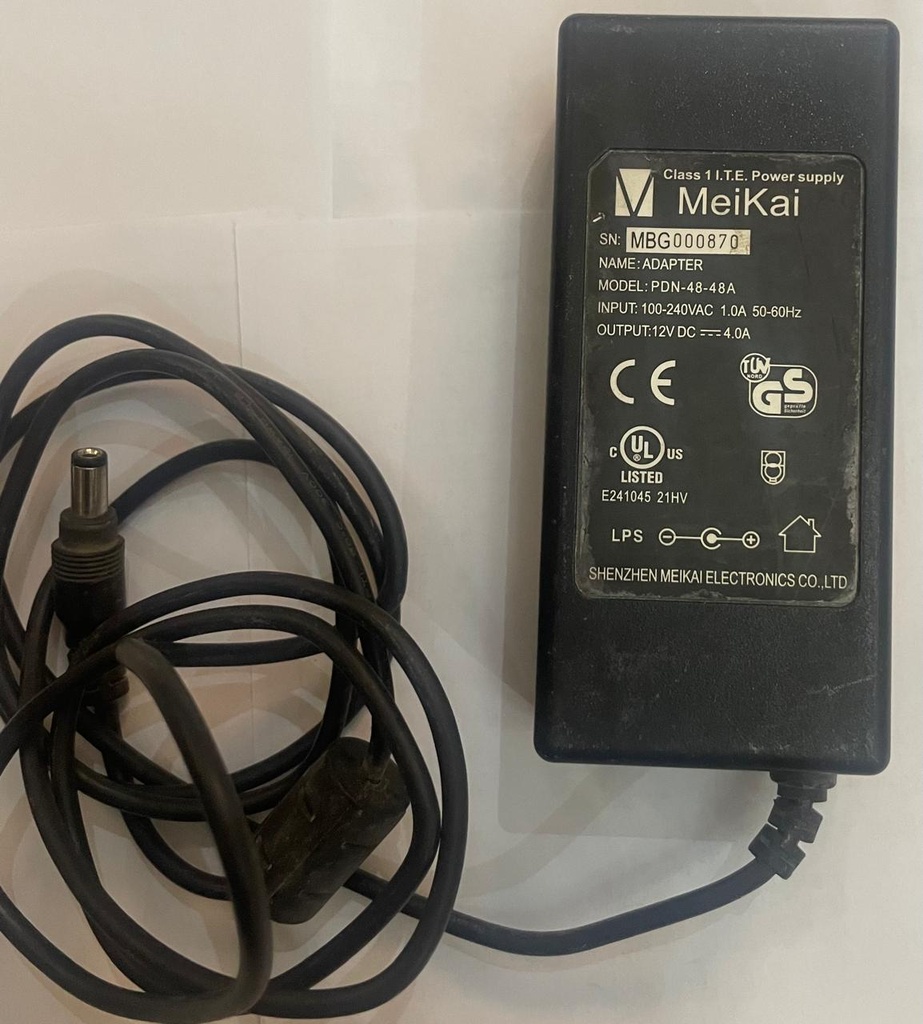 MeiKai Power Adopter SN:MBG000870, Model:PDN-48-48A Input:100-240VOutput:12V DC